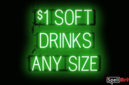 1 SOFT DRINKS ANY SIZE sign, featuring LED lights that look like neon soft drink signs