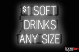 1 SOFT DRINKS ANY SIZE sign, featuring LED lights that look like neon soft drink signs