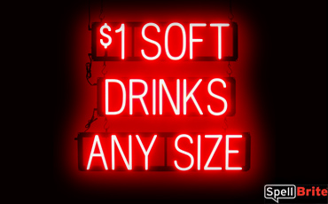 1 SOFT DRINKS ANY SIZE sign, featuring LED lights that look like neon soft drink signs