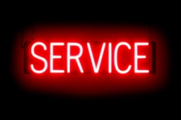 Image of one of SpellBrite's red Service signs, featuring SpellBrite's click-together LED signage