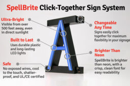 Individual SpellBrite blue letter with information about our signs’ safety, brightness, appearance, and durability.