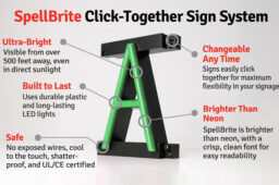 Individual SpellBrite green letter with information about our signs’ safety, brightness, appearance, and durability.