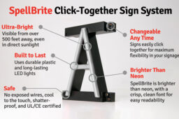 Individual SpellBrite white letter with information about our signs’ safety, brightness, appearance, and durability.