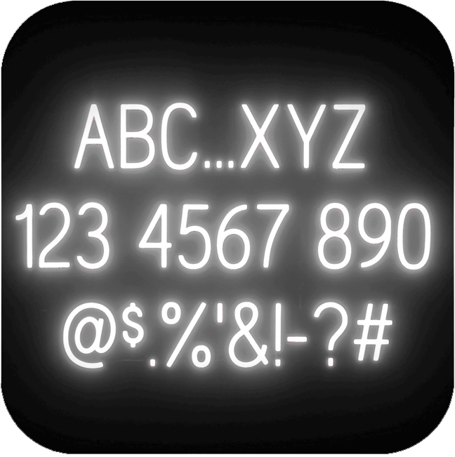 This image shows SpellBrite’s wide range of LED letters, numbers, and special characters that are available for purchase across our pre-made sign kits.