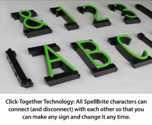 Illustration of SpellBrite’s custom signage solution, featuring our LED letters, numbers, and special characters in green.