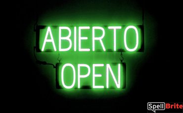 ABIERTO OPEN sign, featuring LED lights that look like neon ABIERTO OPEN signs