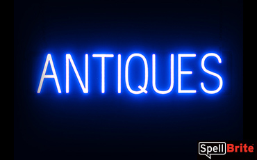 ANTIQUES sign, featuring LED lights that look like neon ANTIQUES signs