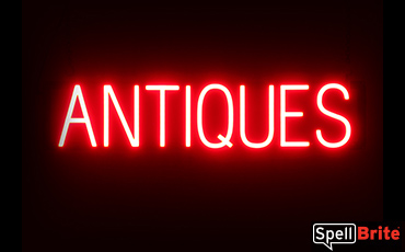 ANTIQUES sign, featuring LED lights that look like neon ANTIQUES signs