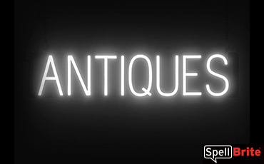 ANTIQUES sign, featuring LED lights that look like neon ANTIQUES signs