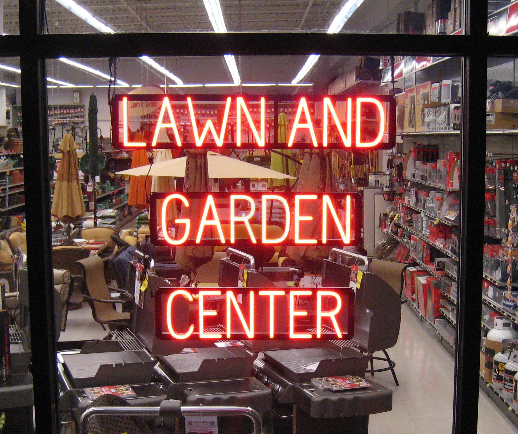 One of SpellBrite’s custom neon LED signs that lets passersby know they’ve found the “Lawn and Garden Center.”
