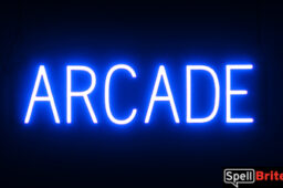 ARCADE sign, featuring LED lights that look like neon ARCADE signs