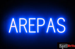 AREPAS sign, featuring LED lights that look like neon AREPA signs
