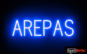 AREPAS sign, featuring LED lights that look like neon AREPA signs