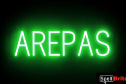 AREPAS sign, featuring LED lights that look like neon AREPA signs