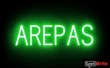 AREPAS sign, featuring LED lights that look like neon AREPA signs