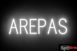 AREPAS sign, featuring LED lights that look like neon AREPA signs