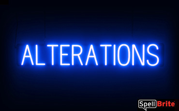 Alterations sign, featuring LED lights that look like neon Alterations signs
