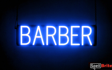 BARBER sign, featuring LED lights that look like neon BARBER signs