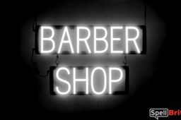 BARBER SHOP sign, featuring LED lights that look like neon BARBER SHOP signs