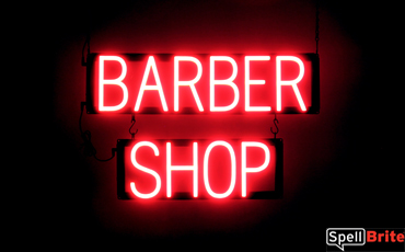 BARBER SHOP sign, featuring LED lights that look like neon BARBER SHOP signs