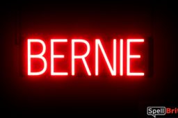 BERNIE sign, featuring LED lights that look like neon BERNIE signs