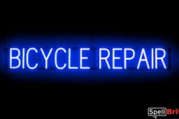 BICYCLE REPAIR sign, featuring LED lights that look like neon BICYCLE REPAIR signs