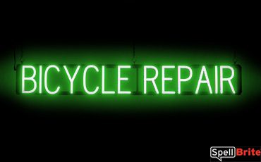 BICYCLE REPAIR sign, featuring LED lights that look like neon BICYCLE REPAIR signs