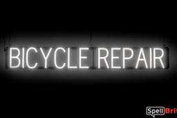 BICYCLE REPAIR sign, featuring LED lights that look like neon BICYCLE REPAIR signs