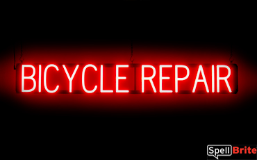 BICYCLE REPAIR sign, featuring LED lights that look like neon BICYCLE REPAIR signs