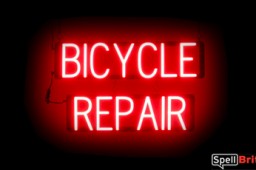 BICYCLE REPAIR sign, featuring LED lights that look like neon BICYCLE REPAIR signs