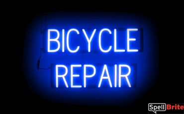 BICYCLE REPAIR sign, featuring LED lights that look like neon BICYCLE REPAIR signs