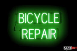 BICYCLE REPAIR sign, featuring LED lights that look like neon BICYCLE REPAIR signs