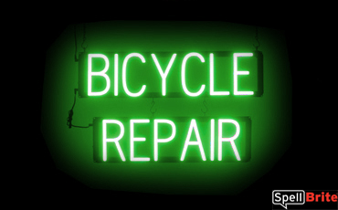 BICYCLE REPAIR sign, featuring LED lights that look like neon BICYCLE REPAIR signs