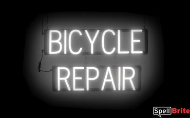 BICYCLE REPAIR sign, featuring LED lights that look like neon BICYCLE REPAIR signs