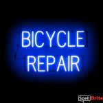 BICYCLE REPAIR sign, featuring LED lights that look like neon BICYCLE REPAIR signs