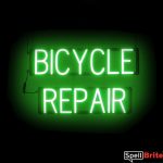 BICYCLE REPAIR sign, featuring LED lights that look like neon BICYCLE REPAIR signs