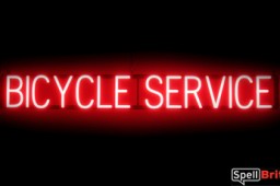 BICYCLE SERVICE sign, featuring LED lights that look like neon BICYCLE SERVICE signs