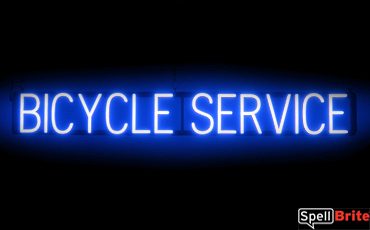 BICYCLE SERVICE sign, featuring LED lights that look like neon BICYCLE SERVICE signs