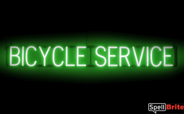 BICYCLE SERVICE sign, featuring LED lights that look like neon BICYCLE SERVICE signs