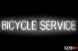 BICYCLE SERVICE sign, featuring LED lights that look like neon BICYCLE SERVICE signs