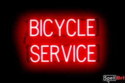 BICYCLE SERVICE sign, featuring LED lights that look like neon BICYCLE SERVICE signs