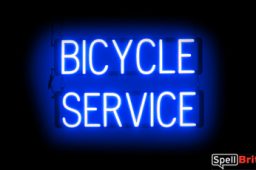 BICYCLE SERVICE sign, featuring LED lights that look like neon BICYCLE SERVICE signs