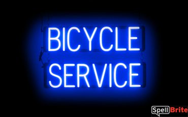 BICYCLE SERVICE sign, featuring LED lights that look like neon BICYCLE SERVICE signs