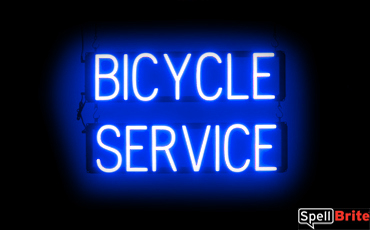 BICYCLE SERVICE sign, featuring LED lights that look like neon BICYCLE SERVICE signs