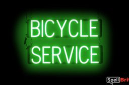 BICYCLE SERVICE sign, featuring LED lights that look like neon BICYCLE SERVICE signs