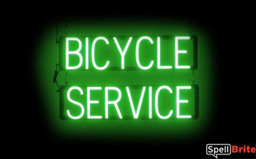 BICYCLE SERVICE sign, featuring LED lights that look like neon BICYCLE SERVICE signs