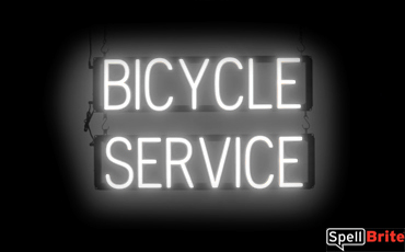 BICYCLE SERVICE sign, featuring LED lights that look like neon BICYCLE SERVICE signs