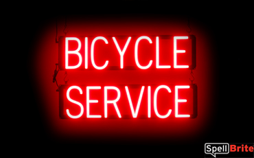 BICYCLE SERVICE sign, featuring LED lights that look like neon BICYCLE SERVICE signs