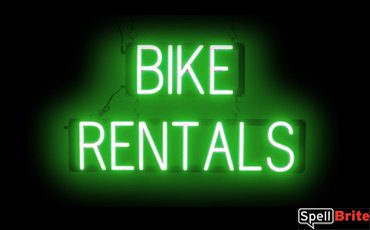 BIKE RENTALS sign, featuring LED lights that look like neon BIKE RENTAL signs