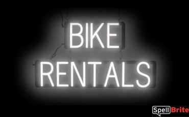 BIKE RENTALS sign, featuring LED lights that look like neon BIKE RENTAL signs